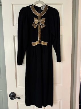 Vintage Black Knit Dress with Gold Bow Detail